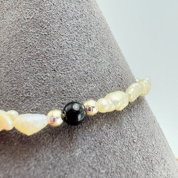 Biwa Pearl Cabochon Black Onyx Beaded Bracelet Spring Ring Clasp 7.25" Length - Picture 5 of 11